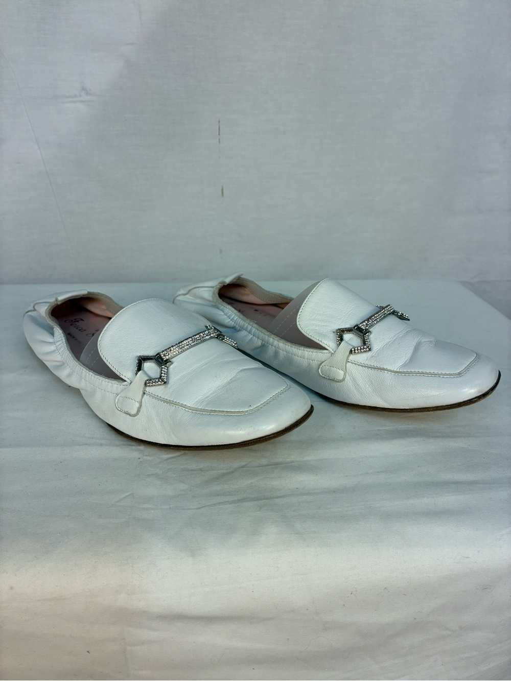 Ferca 81 Italian Leather White Rhinestone Loafers 42